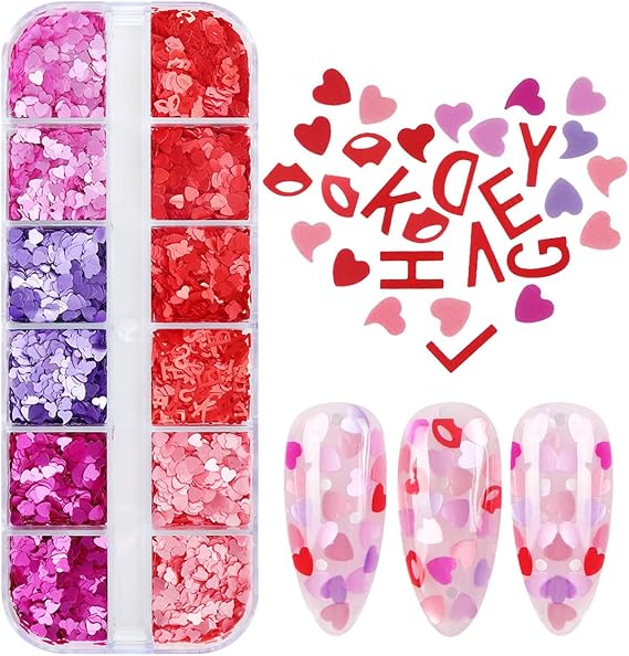 Romantic Love Heart Nails Sequins Holographic Valentines Butterfly Flower Nail Flakes Design Nail Charms 3D Confetti Colorful Heart Flower Valentines Nails Glitter Sequins for Women