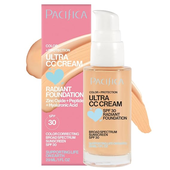 Pacifica Ultra CC Cream Radiant Foundation SPF 17 (Natural Medium) Medium-Coverage Tinted Moisturizer + Mineral Sunscreen, Dewy Finish, 1 fl oz