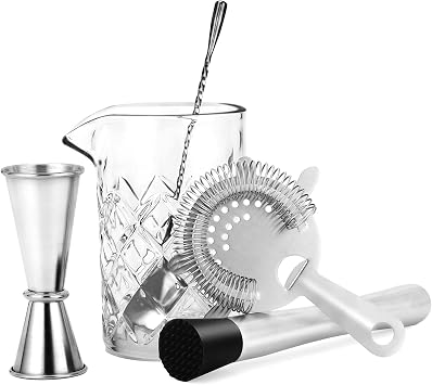 JNWINOG 5PCS Crystal Cocktail Mixing Glass Set 18.6oz Bartender kit Cocktail Mixing Set Glass with Spoon, 1/2oz Jigger, Strainer and Muddler for Home Bar Party