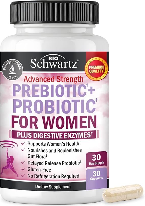 Prebiotics and Probiotics for Women - Gut, Vaginal & Immune Health Support | Digestive Enzymes for Women with Black Cohosh, Red Clover, Cranberry Extract, Lactobacillus Probiotic Supplement, 30 count