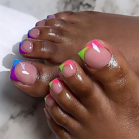 24Pcs French Toe Nail Press ons with Designs, Short Square Fake Toenails Blue Purple Pink Green Mixed Colors Glue on Toe Nails Colorful Nail Tips False Toe Nails Summer Acrylic Toenails for Women