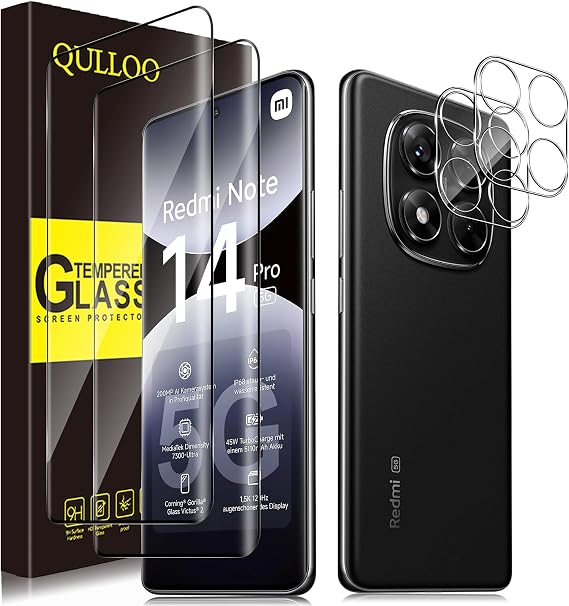 QULLOO Screen Protector for Xiaomi Redmi Note 14 Pro 5G, [2+2 Pack] 3D Full Coverage Tempered Glass & Camera Lens Protector, HD Anti-Scratch Easy Installation Protective Glass Film