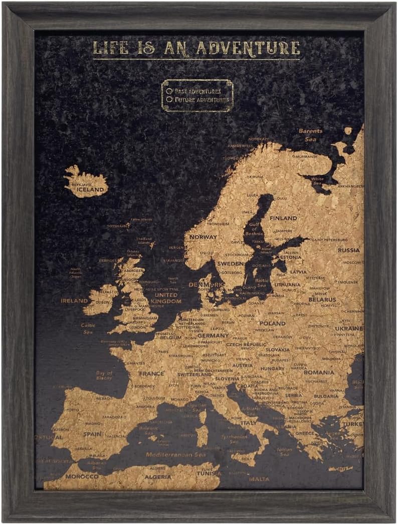 Splosh Travel Map - Small Europe Map Pin Board in Black with a Wooden Frame and 100 Pins in 2 Colours to Mark Your Past & Future Adventures