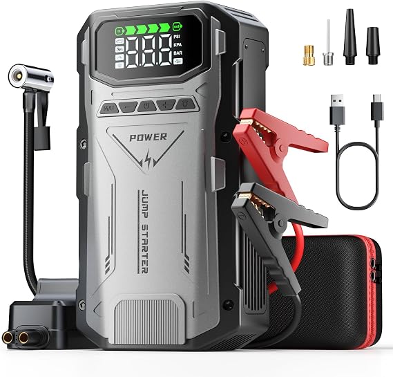 Jump Starter with Air Compressor, 4000A Portable Car Battery Charger Jump Box, 150PSI Tire Inflator and Battery Jumper Pack for 12V Vehicle, Jumper Starter Power Booster, Roadside Emergency Kit