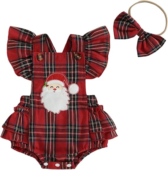 My First Christmas Baby Girl Outfit Santa Embroidery Romper Fly Sleeve Ruffle Plaid Christmas Onesie with Headband