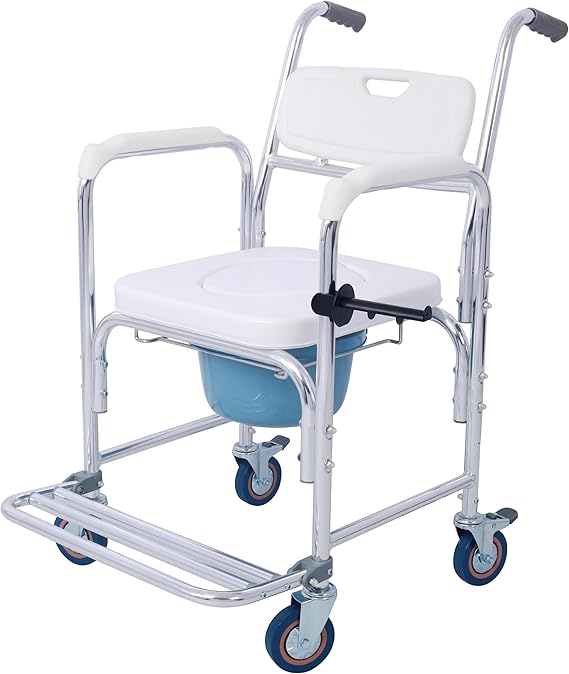 4-in-1 Bedside Commode Chair, Shower Wheelchair Portable Toilet Rolling Transport Chair with Arms & 4 Brakes,Portable Toilet for Adults, Senior, Handicap,Elderly and Disabled,Weight Capacity 300lbs