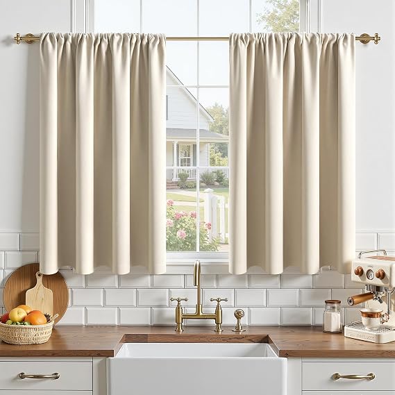 MRTREES Beige Kitchen Curtains for Windows, 2 Panels Waterproof Bathroom Curtains, Short Blackout Curtains 30x45 Inch 75x115 CM, Beige