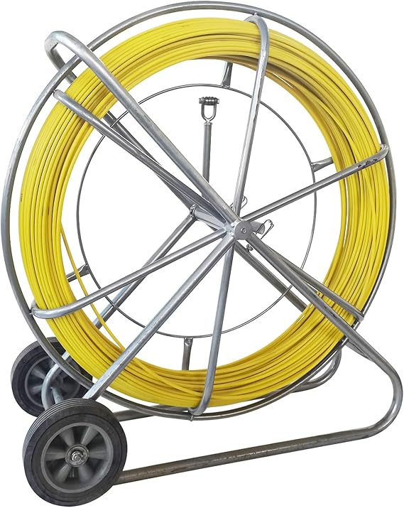 INTBUYING 8mm x 260m 516x 853ft Fiberglass Fish Tape, Heavy Duty Duct Rodder Wire Puller with Cage Brake & Moving Wheels, Conduit Cable Running Rod for Electricians, Fiberglass Cable Pulling Rod