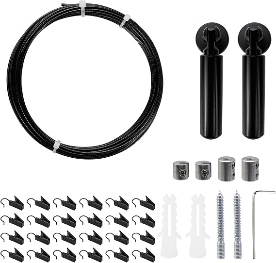 Black Wall Mount Curtain Wire Rod Set Multifunctional | Stainless Steel Clothesline Picture Hanging Wire with 24 Clips for Crafts Curtain Clothes Hanging, 16.4ft/5m