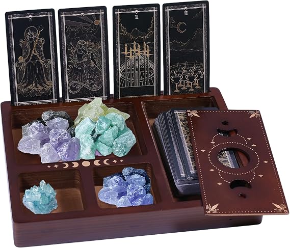 GLOBLELAND Moon Star Tarot Card Holder Stand Display 9.5x7.48x1.23in Coconut Brown Tarot Card Accessories Crystal Organizer Decorative Box for Altar Decor Tarot Card Crystal Holder Case