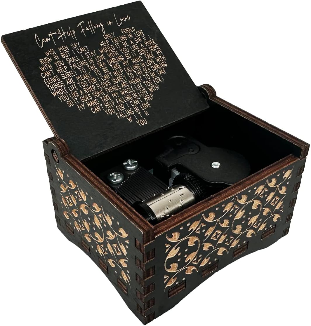 Mini Music Box 18 Note Hand Crank Engraved Wood Music Box for Dear Wife Girlfriend Valentine Xmas Wedding Anniversary Present Can't Help Falling in Love-Wind up