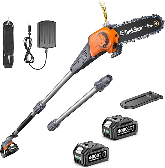 TaskStar 8-Inch Cordless Pole Saw, Electric Pole Saws for Tree Trimming, 24000mAh Batteries, 600W Powerful Motor, Max Reach 15Ft, Tool-Free Chain Tensioning, Auto Lubrication