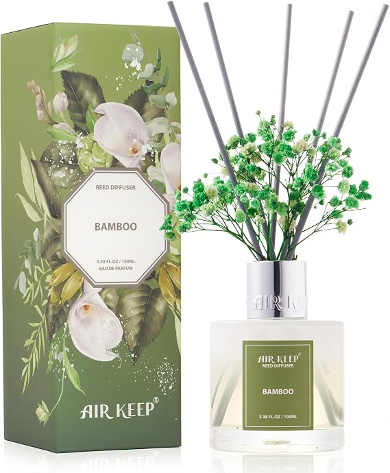 Airkeep Reed Diffuser Set,3.38 fl oz (100 ml) - Bamboo Oil Diffusers with 8 Reed Sticks,Home Fragrance Reed Diffuser for Bathroom Shelf Decor