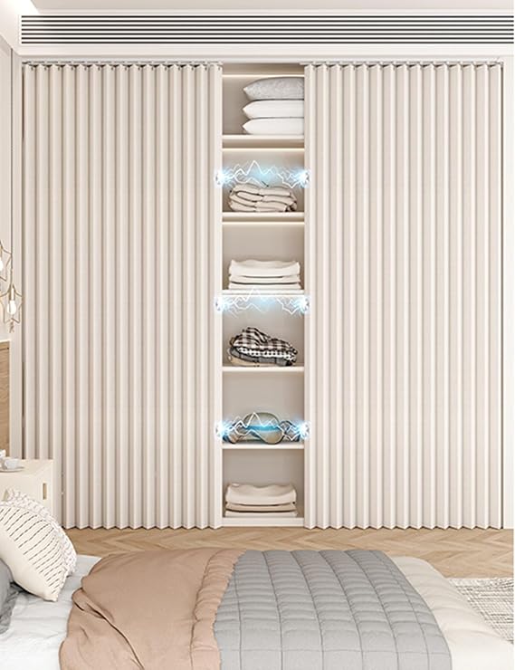 Kitchen Cabinet Curtains for Shelves - Custom Folding Privacy Closet Curtain Dust-Proof Shades for Open Closet, Waterproof Under Sink Shelf Curtain for Bookshelf Wardrobe Pantry(Beige)