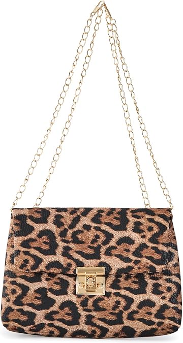 PU Leopard Crossbody Bag, Animal Print Clutch Purse | Gold Chain Strap, Flap Closure