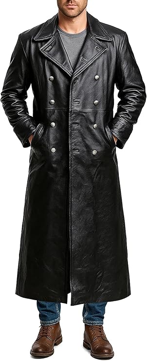 German Classic Mens Long Coat - Black Duster Coat Men - Vintage Military Style Leather Jacket Men