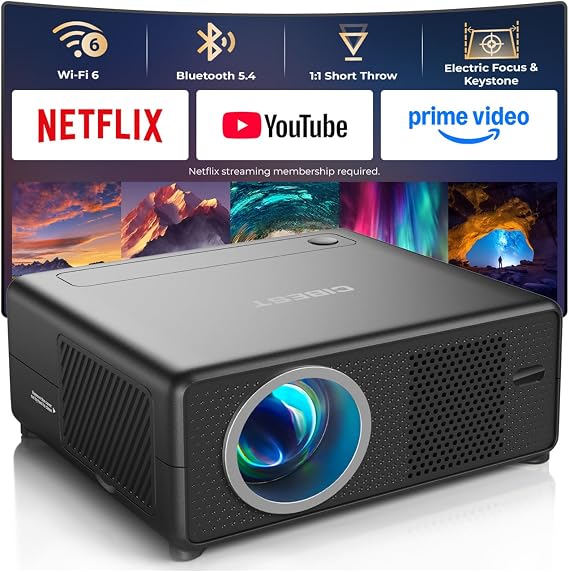CiBest Mini Projector with WiFi and Bluetooth, Short Throw Full HD 1080P