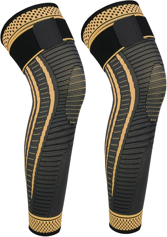 Copper Long Knee Braces for Women and Men Full Leg Compression Sleeves Anti Sliping Ventilation Long Knee Support with Wraps for ACJ, PCL, Meniscus Tear, Arthritis 2 Pack