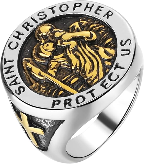 St.Christopher Rings for Men Titanium Steel Gold Protect US Statement Bands Arch Angel Patron Saint Punk Cross Retro Personality Accessory Jewelry Size 8