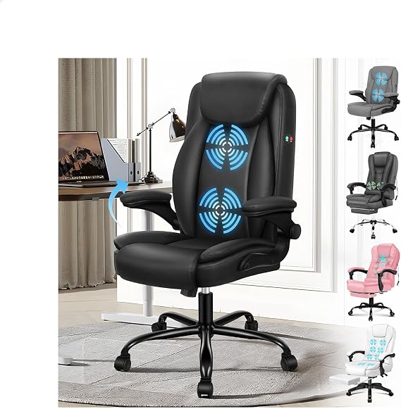 ELFORDSON Massage Office Chair for Home, Executive Comfy Office Chairs with 90° Flip-up Armrests, Adjustable Height, Swivel, Ergonomic Heavy-duty Desk Work Chair, PU Leather, Black