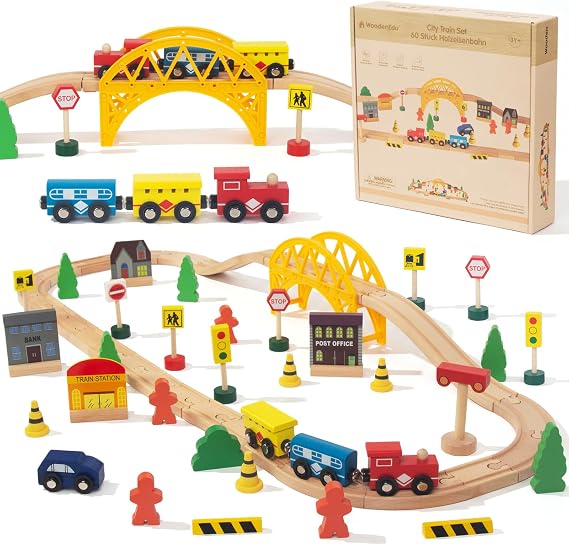 60Pcs Train Set for 3 Year Old Boys, Double-Side Wooden Train Set Tracks for Toddlers, Fits Brio, Thomas, Melissa and Doug, Kids Wood Train Toys for 3 4 5 Year Old Boys and Girls (Yellow)