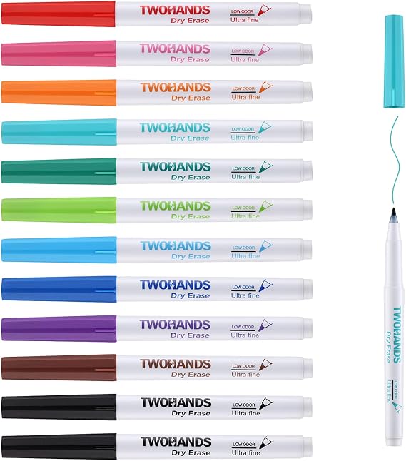 TWOHANDS Whiteboard Pens Ultra Fine Tip, Assorted Colours, 12 Count