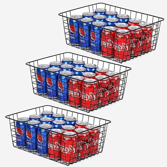 3PCS Large Wire Storage Baskets, Black Wire Basket, Metal Basket for Pantry, Wire Freezer Storage Baskets with Handle for Home, Office, Kitchen, Bathroom, 36x28x16cm
