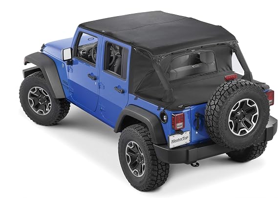 MasterTop 3-Piece Ultimate Summer Soft Top Combo - Bimini Soft Top, Wind Stopper Cab Curtain, and Tonneau Deck Cargo Cover - Fits Jeep Wrangler JK JKU Unlimited 4-Door 2010-2018 - Black MasterTwill