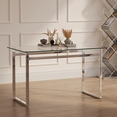 Modern Glass Dining Table for 4-6, 51 Rectangular Kitchen Dining Room Table with 0.31 Tempered Glass Tabletop and Silver Chrome Metal Legs, Writing Table Desk, for Kitchen Dining Living Room
