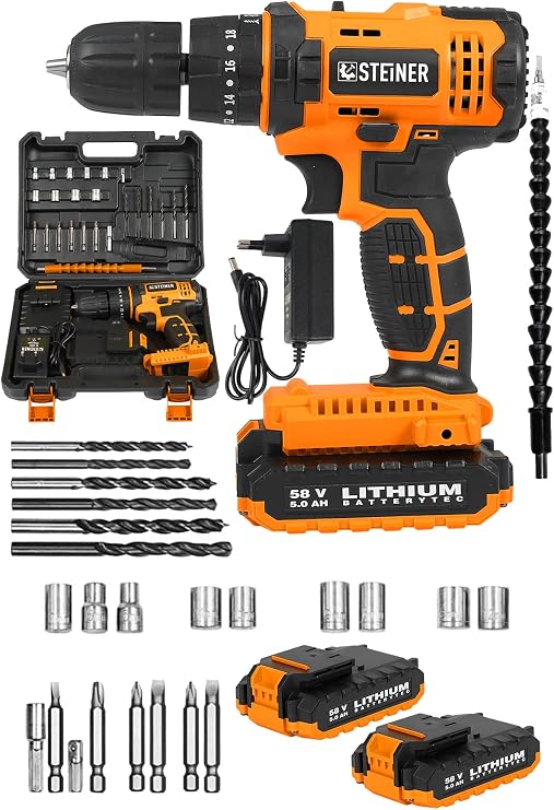 Steiner Alman 58 V 5 Ah Darbeli Çift Akülü Metal Dişli Şanzuman Şarjlı Vidalam Matkap + 27 Parça Set - ST0518R215400214