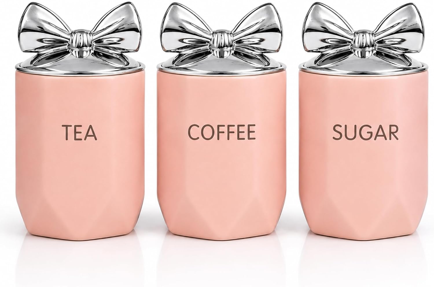 BML Pink Ceramic Tea Coffee Sugar Canister Set with Silver Bow Lids Airtight Kitchen Storage Jars for Kitchen Countertop Décor Accessories