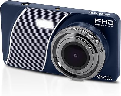 Minolta Dash Cam 1080p Full HD Car Camera with 4.0 LCD Monitor, 120 Wide Angle Lens, G-Sensor, Emergency Recording, Loop Video, USB Power, 12MP Photos, Parking Monitor Blue