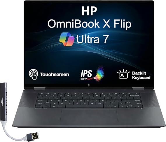 HP OmniBook X Flip AI Powered 2-in-1 Copilot+ Laptop 16.0" Touch IPS WUXGA | (NextGen Envy x360) (Intel Ultra 7-258V, 32GB LPDDR5X, 2TB SSD, Backlit KB, Thunderbolt 4, Win11H) Bundle w/DKZ USB Hub