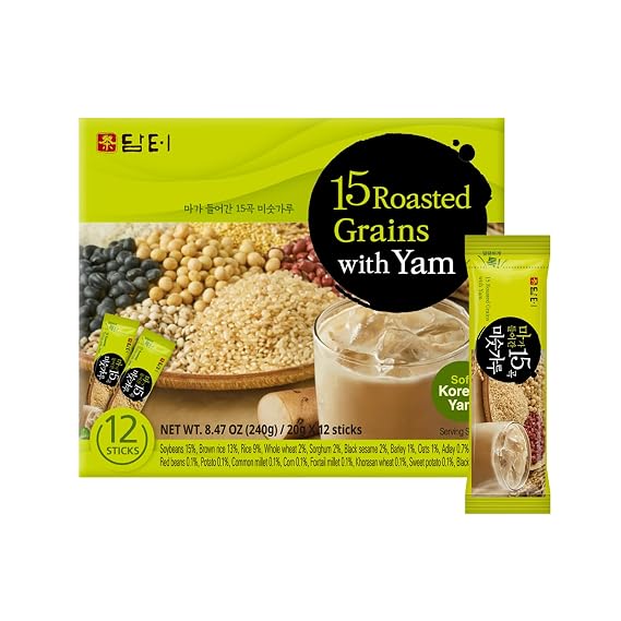 Damtuh Misugaru Powder with Yam Korean 15 Roasted Grains Breakfast Drink Mix, Creamy & Nutty Flavor, Instant Multigrain Latte Mix, Caffeine-Free, 20g x 12 Sticks