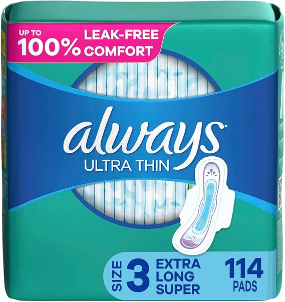 Always Ultra Thin Feminine Pads for Women, Size 3 Extra Heavy Long Absorbency, Multipack, with Wings, Unscented, 38 Count x 3 Packs (114 Count Total)