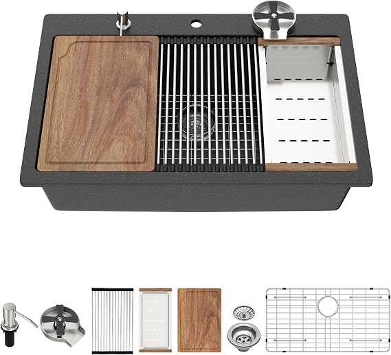 33 Granite Composite Kitchen Sink - Beslend 33x22 Drop In Black Kitchen Sink with High Pressure Glass Rinser, Granite Composite Worksation Black Sinks Easy Clean Quartz Basin for Kitchen Remodel
