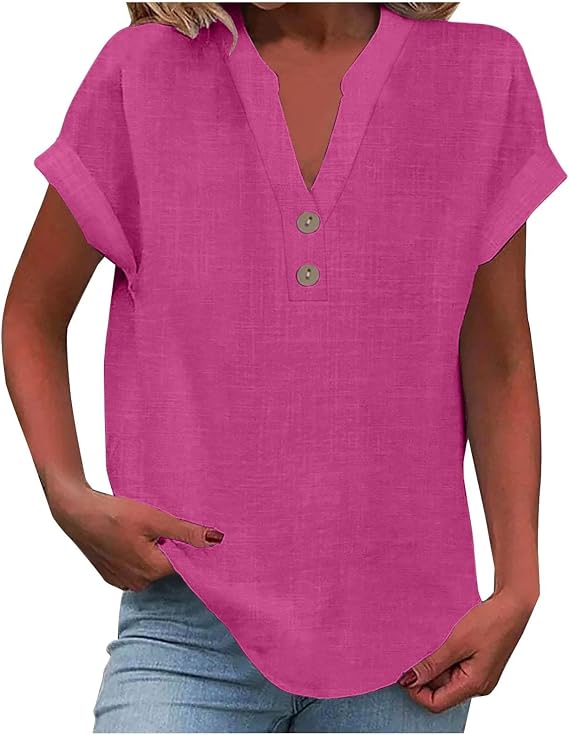 Nantdog Linen Shirts for Women Summmer Short Sleeve Casual Tops Henley Vcation Beach Lounge Button Lightweight Tunic Blouse