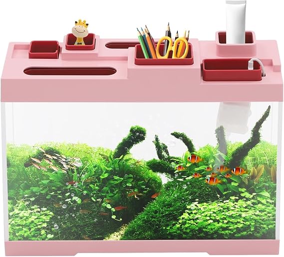 Tabletop Storage Fish Tank, 3 to 4L Narrow Aquarium with Silent Pump Filter and LED Lights, Small Acrylic Aquarium with 3 Type C Interfaces, for Small Tropical Fish, Guppies, Goldfish(Pink)