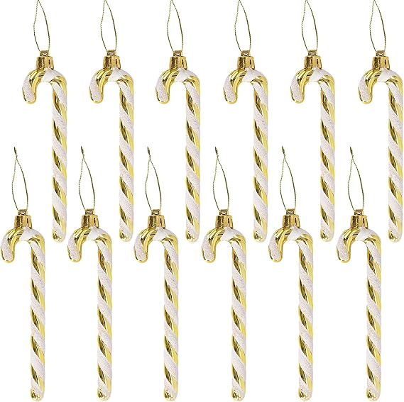 12pcs Plastic Christmas Glitter Candy Cane Ornaments Candy Canes Decorations Christmas Tree Hanging Decorations for Xmas Crafts Indoor Outdoor Decor (Gold)