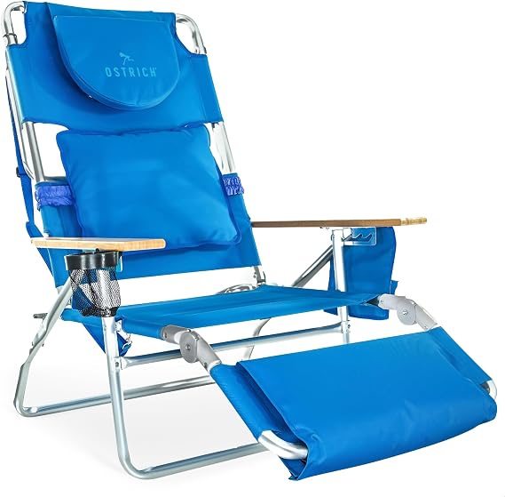 Ostrich The Deluxe 3N1 Lightweight Outdoor Beach Lounge Chair with Footrest, Blue Bundled with Custom Fitted Towel for 3N1 Outdoor Lounge Beach Chair