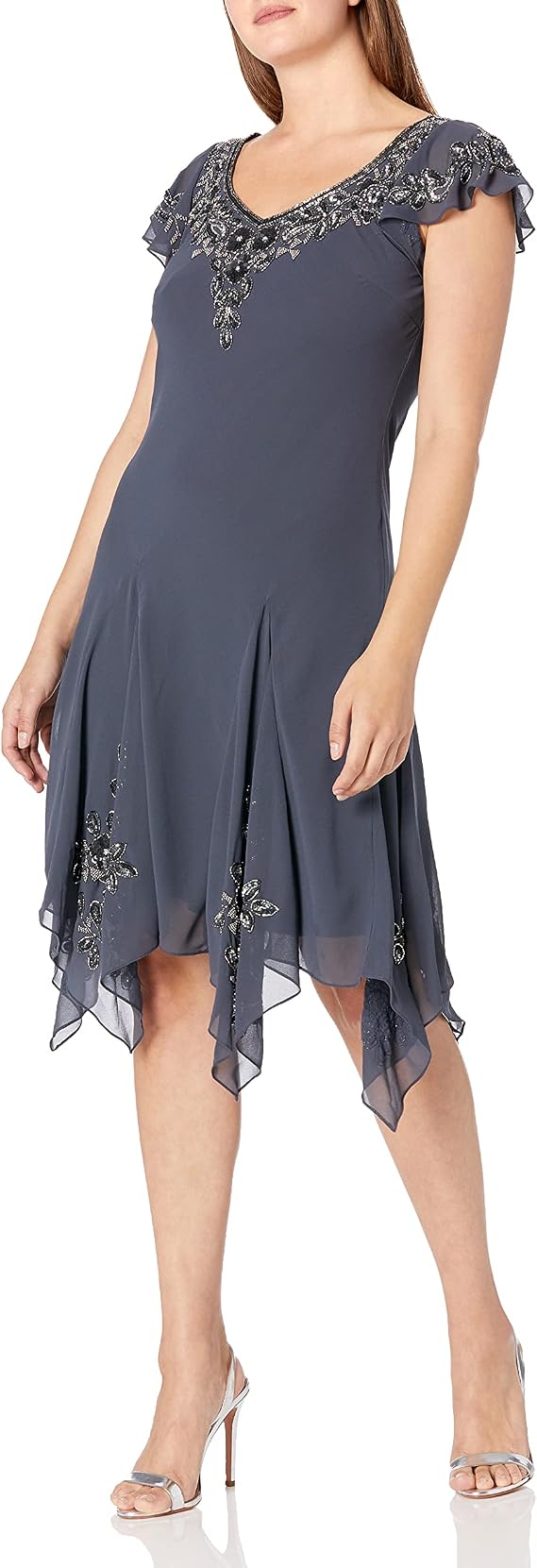 J Kara Women's Petite Flutter Sleeve Short Hanky Hem Cocktail Dress