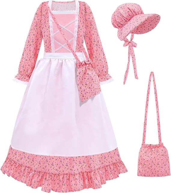 Meland Pioneer Dress for Girls - Colonial Floral Costume with Bonnet, Apron & Purse, Pionner Outfit for Girls 7-8 Years
