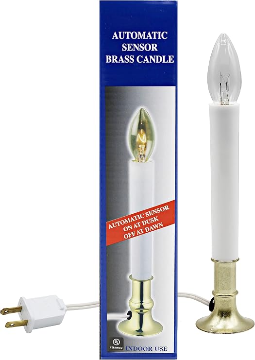 Creative Hobbies Electric Window Candle Lamp with Brass Plated Base, Dusk to Dawn Sensor Turns Candle on in Dark and Off in Light, Ready to Use!