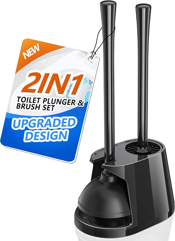 Toilet Plunger and Brush Set, Bowl Brush and Heavy Duty Toilet Plunger with Ventilated Holder, 2-in-1 Toilet Brush and Plunger Combo for Bathroom Deeply Cleaning(Black)