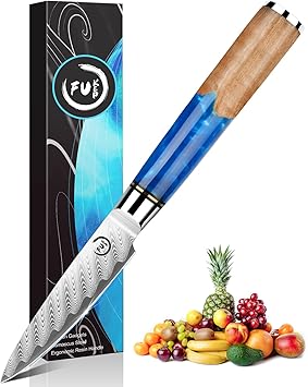 Paring Knife 3.5 Inch Damascus Paring Knife Small Fruit Knife Ultra Sharp Damascus VG10 Core Steel with 66 Layers High Carbon Steel Classical Pattern Blue Handle Unique Gifts with Gift Box