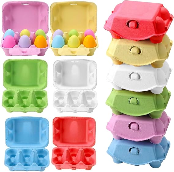 12Pcs Half Dozen Egg Cartons,Natural Pulp Paper Cartons Cheap Bulk,Colored Egg Cartons 6 Count,Reusable Cardboard Eggs Carton for Easter Toy,Gifts,Crafts