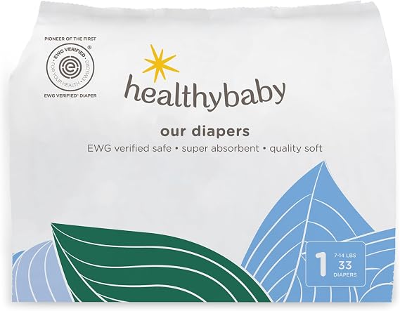 HealthyBaby Non-Toxic Diapers for Sensitive Skin - Size 1, 33 Count | EWG Verified & Microbiome-Friendly. Made with organic cotton & plant-derived materials. 12-hour leak protection. TCF.