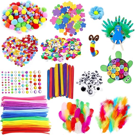 CH HAICHENG Arts and Crafts Supplies Including Feathers, Pipe Cleaners, Wiggle Googly Eyes, Pom Poms, Buttons, Ice Cream Sticks, Sequins and So On Supplies Crafts