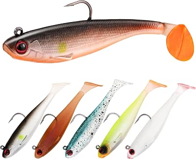 Pre-Rigged T-Tail Swimbait Lures, Soft Baits with Weighted Jig Head, Multiple Sizes & Colors for Bass, Trout, Crappie, Walleye, Freshwater & Saltwater Fishing