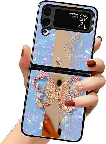 Omio Designed for Samsung Galaxy Z Flip 3 Case with Kickstand, Cute Sparkle Glitter Diamond 3D Butterfly Design Soft TPU Bumper Pearl Hard Back with Stand Mirror Shockproof Cover for Women Girls, Blue